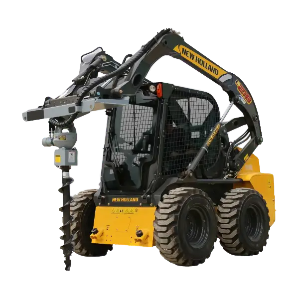 A yellow and black New Holland skid steer loader with an auger attachment mounted on the front, designed for drilling into the ground. The machine has large tires and protective mesh around the operator’s seat. AdvanceTrac
