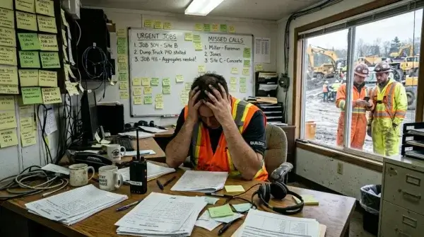 A stressed construction worker holds his head at a cluttered desk in an office filled with paperwork and sticky notes, while two workers in safety gear stand outside near heavy machinery. AdvanceTrac