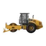 Yellow Caterpillar CS56B single drum vibratory soil compactor, side view, with large front drum and rear rubber tire, used for compacting soil in construction projects. AdvanceTrac