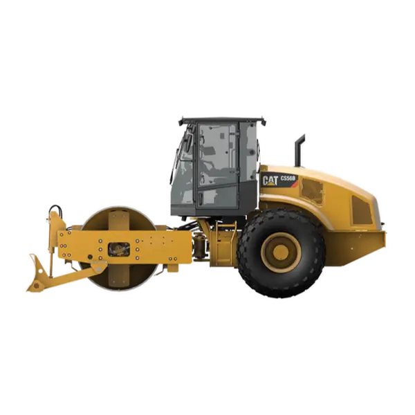 Yellow Caterpillar CS56B single drum vibratory soil compactor, side view, with large front drum and rear rubber tire, used for compacting soil in construction projects. AdvanceTrac