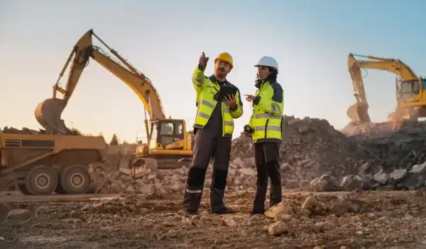Two construction workers in safety gear stand on a rocky site with excavators in the background. One points while holding a clipboard, and the other listens, both surrounded by rubble and machinery during sunset. AdvanceTrac