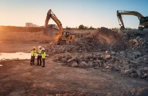 Three construction workers in safety vests and helmets stand near rock piles while two excavators work in a quarry at sunset. AdvanceTrac