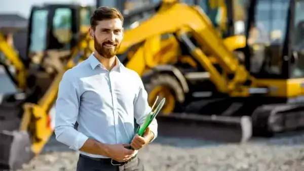 A man in a light shirt holds green folders while standing outside on a construction site, with large yellow excavators in the background. AdvanceTrac