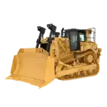 A large yellow bulldozer with a wide front blade and caterpillar tracks, viewed from the front left side, isolated on a white background. AdvanceTrac