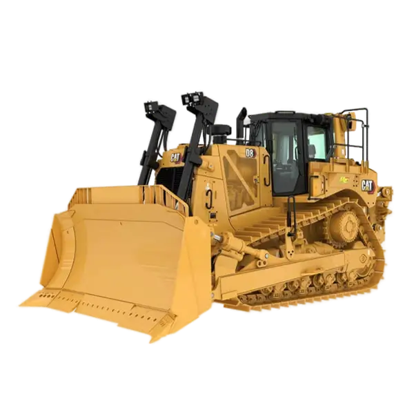 A large yellow bulldozer with a wide front blade and caterpillar tracks, viewed from the front left side, isolated on a white background. AdvanceTrac