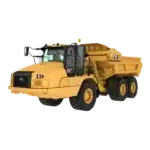 A yellow Caterpillar dump truck with six large black tires is pictured on a white background. The vehicle has a raised dump bed and visible headlights. AdvanceTrac