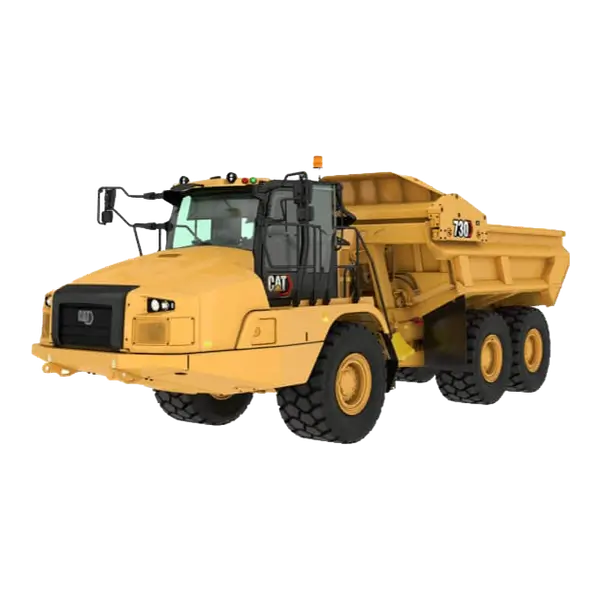 A yellow Caterpillar dump truck with six large black tires is pictured on a white background. The vehicle has a raised dump bed and visible headlights. AdvanceTrac