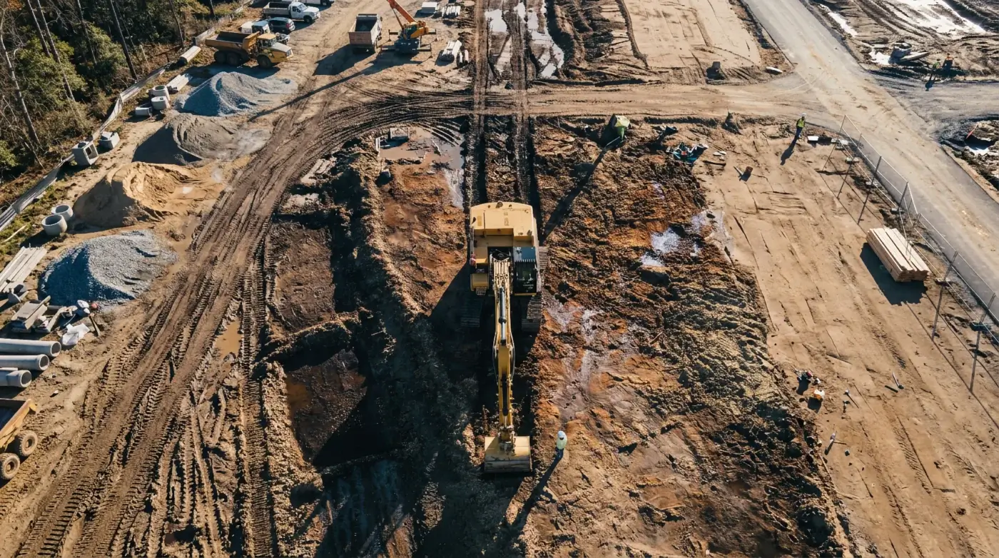 Aerial view of a construction site with a large yellow excavator digging earth, dirt paths, scattered materials, and construction vehicles visible around the area. AdvanceTrac