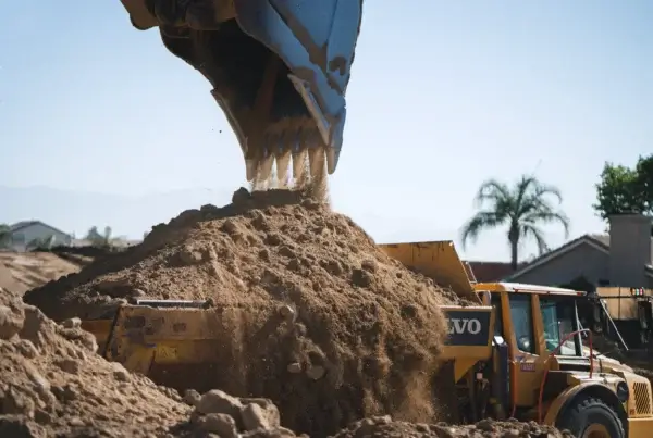 A large excavator dumps a pile of dirt onto a construction site, with a yellow Volvo vehicle nearby and palm trees in the background. AdvanceTrac