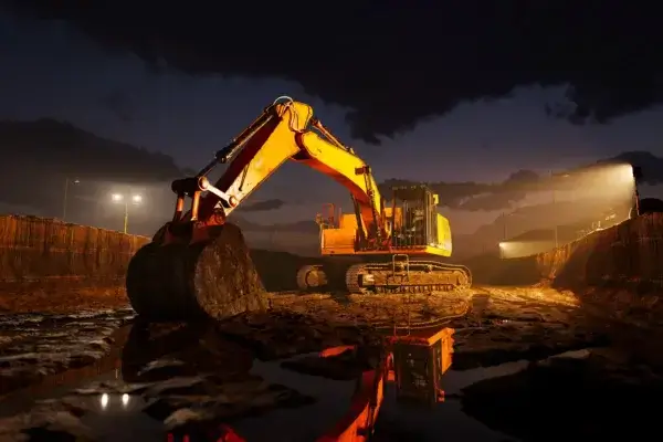 An orange excavator sits on muddy ground at a nighttime construction site, illuminated by bright work lights. Dark clouds fill the sky and puddles reflect the machinery and lights. AdvanceTrac