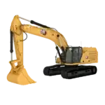 A yellow CAT excavator with a large bucket, black tracks, and a glass cabin, viewed from the side on a plain white background. AdvanceTrac