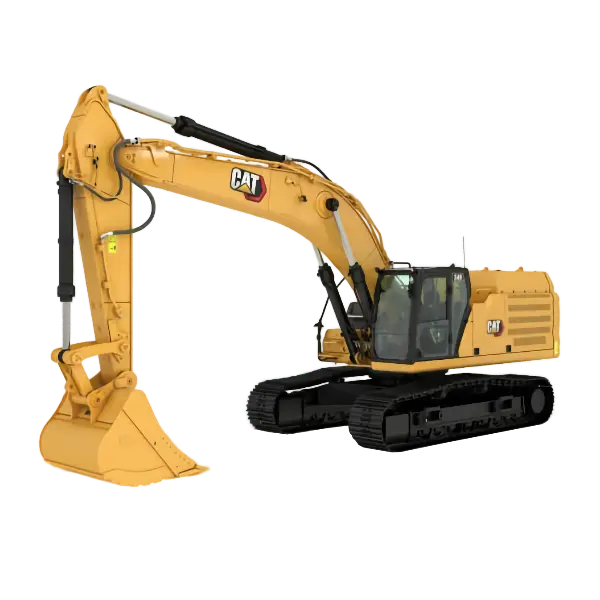 A yellow CAT excavator with a large bucket, black tracks, and a glass cabin, viewed from the side on a plain white background. AdvanceTrac