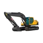 A yellow and black hydraulic excavator with a large digging arm and bucket, parked on treads against a plain white background. AdvanceTrac