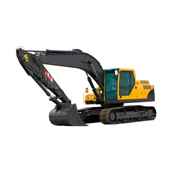 A yellow and black hydraulic excavator with a large digging arm and bucket, parked on treads against a plain white background. AdvanceTrac