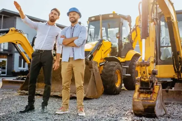 Two men stand on a gravel construction site beside yellow excavators; one points ahead while the other, wearing a blue hard hat, stands with arms crossed. Both wear casual business attire. AdvanceTrac
