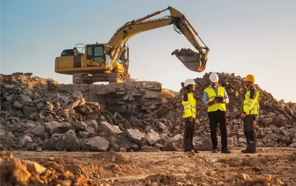 Three construction workers in safety vests and helmets stand on a rocky worksite, talking and reviewing documents while a large yellow excavator operates in the background. AdvanceTrac