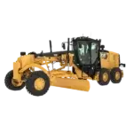 A yellow Caterpillar 140 motor grader with a large blade and six wheels, used for road construction and leveling surfaces, on a plain white background. AdvanceTrac