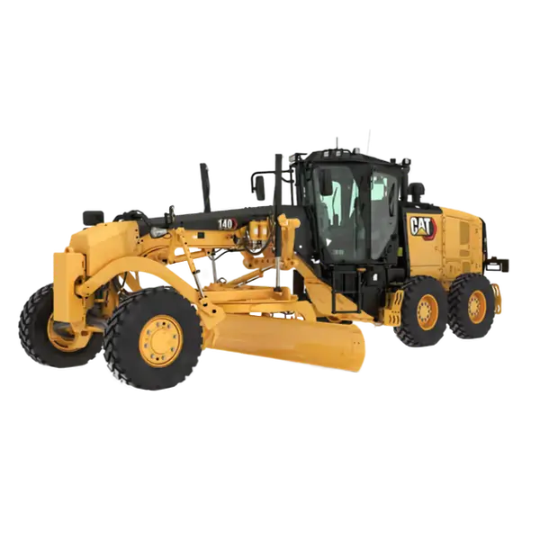 A yellow Caterpillar 140 motor grader with a large blade and six wheels, used for road construction and leveling surfaces, on a plain white background. AdvanceTrac