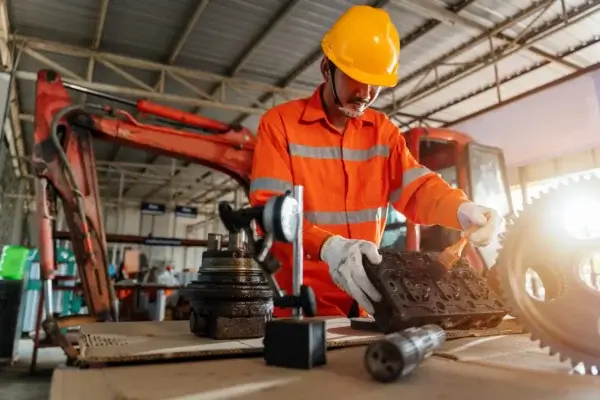 A worker in an orange safety suit and yellow helmet inspects machinery parts on a workbench inside an industrial setting, with tools and an excavator in the background. AdvanceTrac