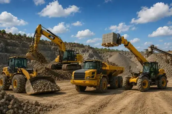 Four yellow construction vehicles, including an excavator, wheel loader, articulated dump truck, and telehandler, operate at a rocky quarry under a blue sky with clouds. Dirt and rocks are being moved and lifted. AdvanceTrac