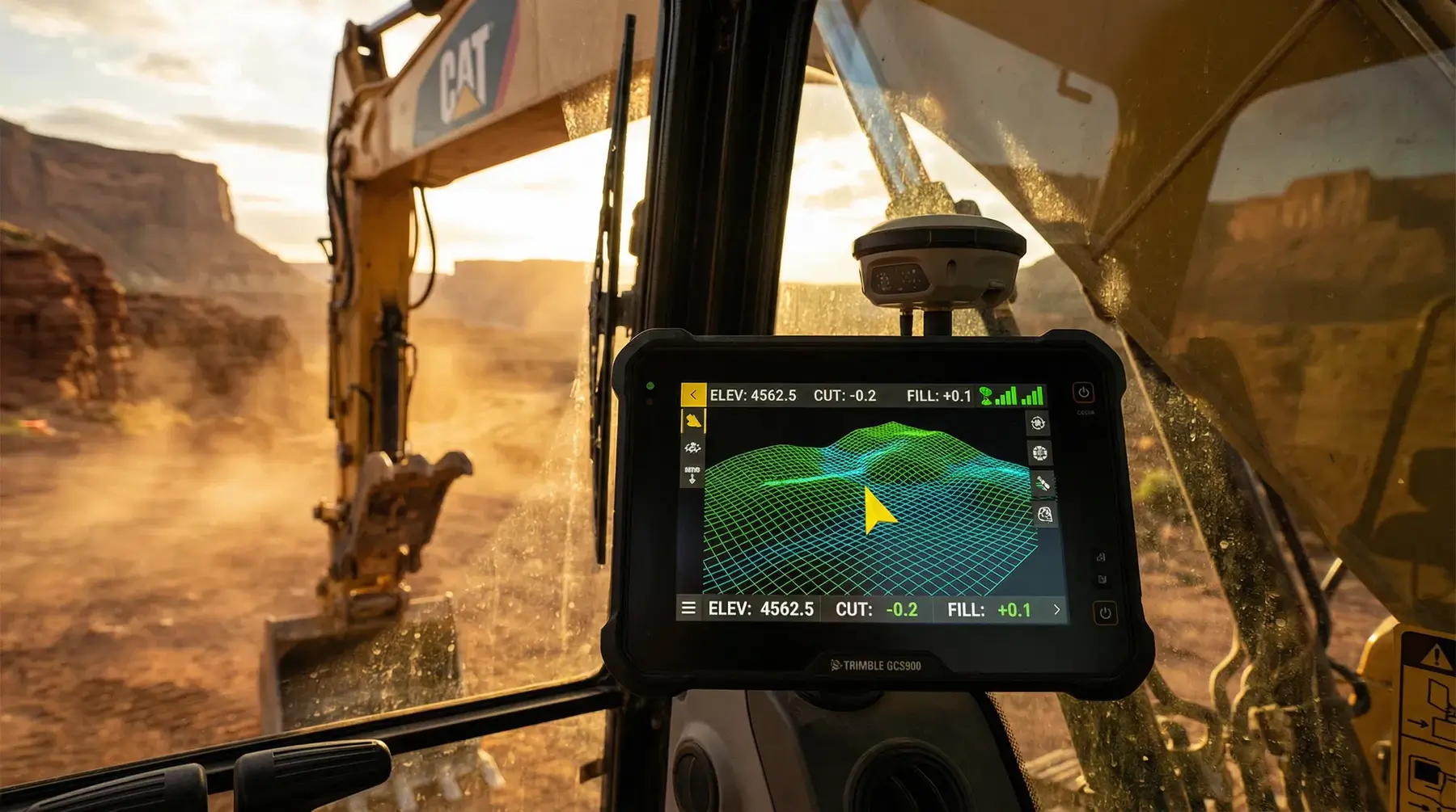 A tablet showing a 3D terrain map is mounted inside a construction excavator cab, with the excavator arm and other equipment visible outside, working at a dusty outdoor site during sunset. AdvanceTrac