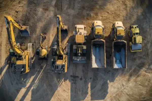 Aerial view of construction vehicles, including two excavators, a small loader, two dump trucks, and a steamroller, parked on a sandy worksite. AdvanceTrac