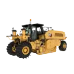 A large yellow Caterpillar road reclaimer with black tires and visible cab, used for road construction and soil stabilization, shown on a plain white background. AdvanceTrac