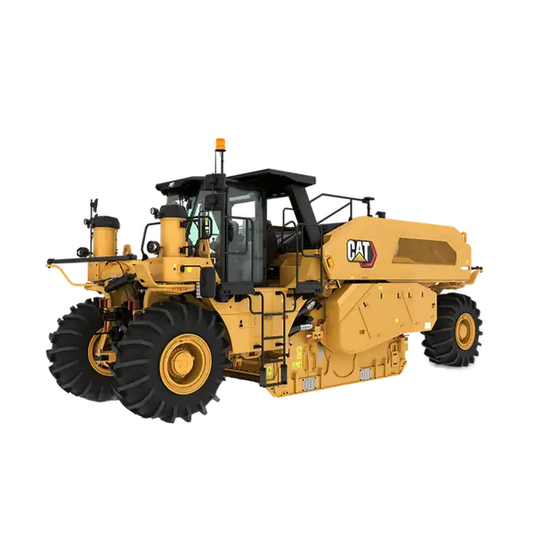 A large yellow Caterpillar road reclaimer with black tires and visible cab, used for road construction and soil stabilization, shown on a plain white background. AdvanceTrac