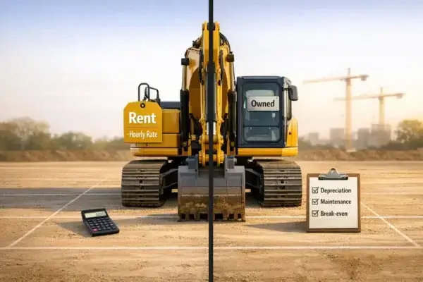 A yellow excavator is split down the middle; the left side labeled “Rent” with a calculator, the right side labeled “Owned” with a clipboard listing depreciation, maintenance, and break-even. Construction cranes are in the background. AdvanceTrac