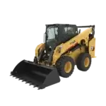 A yellow Caterpillar skid steer loader with a large front bucket attachment, black wheels, and a protective cab, shown on a plain white background. AdvanceTrac