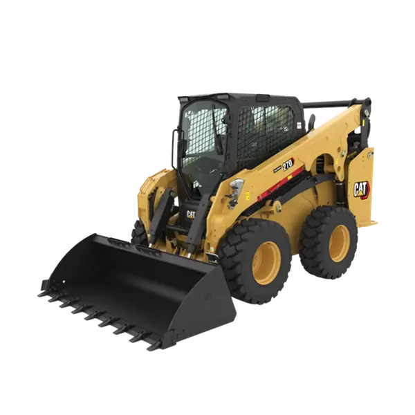A yellow Caterpillar skid steer loader with a large front bucket attachment, black wheels, and a protective cab, shown on a plain white background. AdvanceTrac