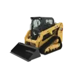 Yellow Caterpillar compact track loader with black tracks and front bucket attachment, viewed from the side on a white background. AdvanceTrac