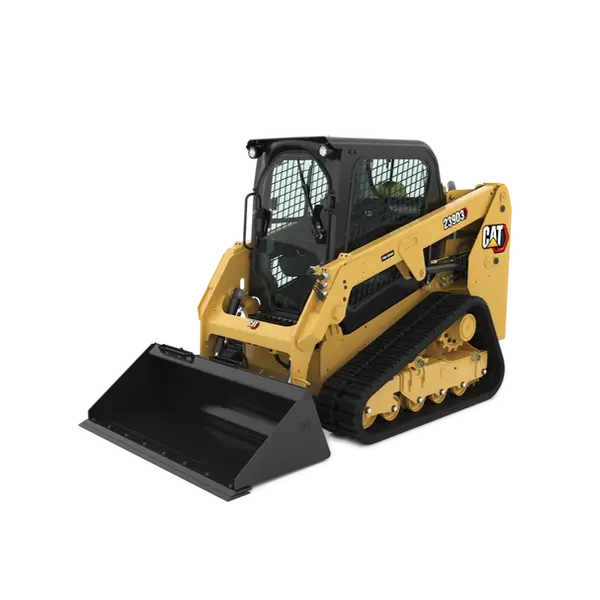 Yellow Caterpillar compact track loader with black tracks and front bucket attachment, viewed from the side on a white background. AdvanceTrac