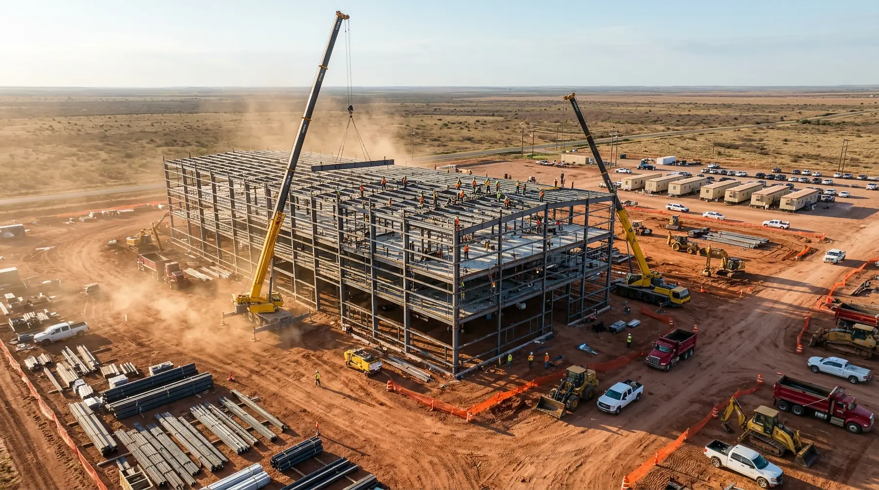 Aerial view of a large construction site with cranes assembling a steel building frame on red dirt, surrounded by vehicles, workers, and equipment, under a clear sky—showcasing the extensive service areas involved in this major development. AdvanceTrac
