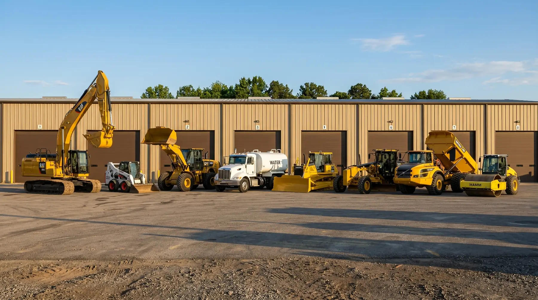 A row of construction vehicles, including excavators, loaders, a water truck, and graders, parked in front of a beige industrial building with six large garage doors on a sunny day. AdvanceTrac
