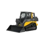 A yellow and black John Deere 325G compact track loader with a front bucket attachment, shown on a white background. AdvanceTrac