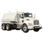 A white water tanker truck with six wheels, large side mirrors, and an elevated cylindrical tank on the back, isolated on a white background. AdvanceTrac