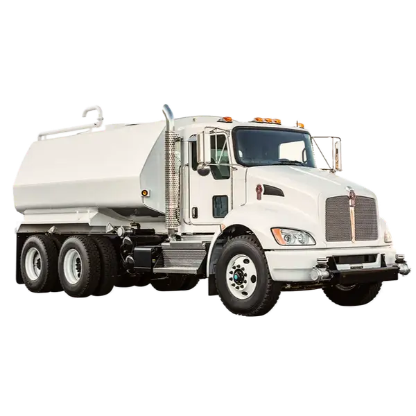 A white water tanker truck with six wheels, large side mirrors, and an elevated cylindrical tank on the back, isolated on a white background. AdvanceTrac