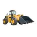 A yellow front-end loader with large black tires and a raised bucket, isolated on a white background. AdvanceTrac