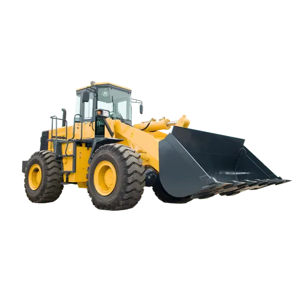 A yellow front-end loader with large black tires and a raised bucket, isolated on a white background. AdvanceTrac